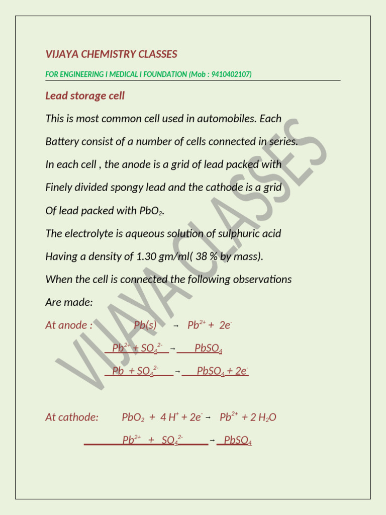 Lead Storage Cell Overview and Reactions | PDF
