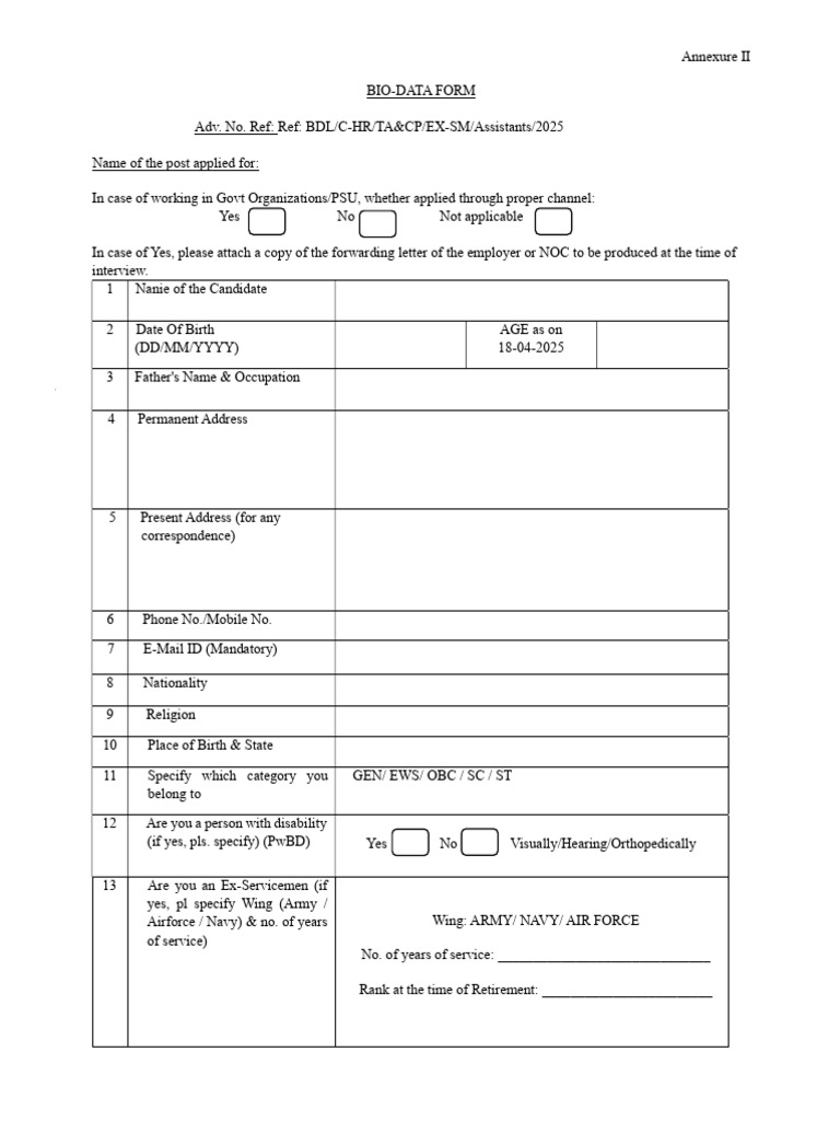 Bio-Data Form for Job Application | PDF