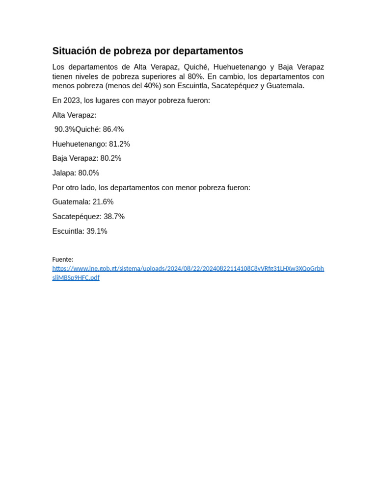 Pobreza en Guatemala por departamento 2023 | PDF