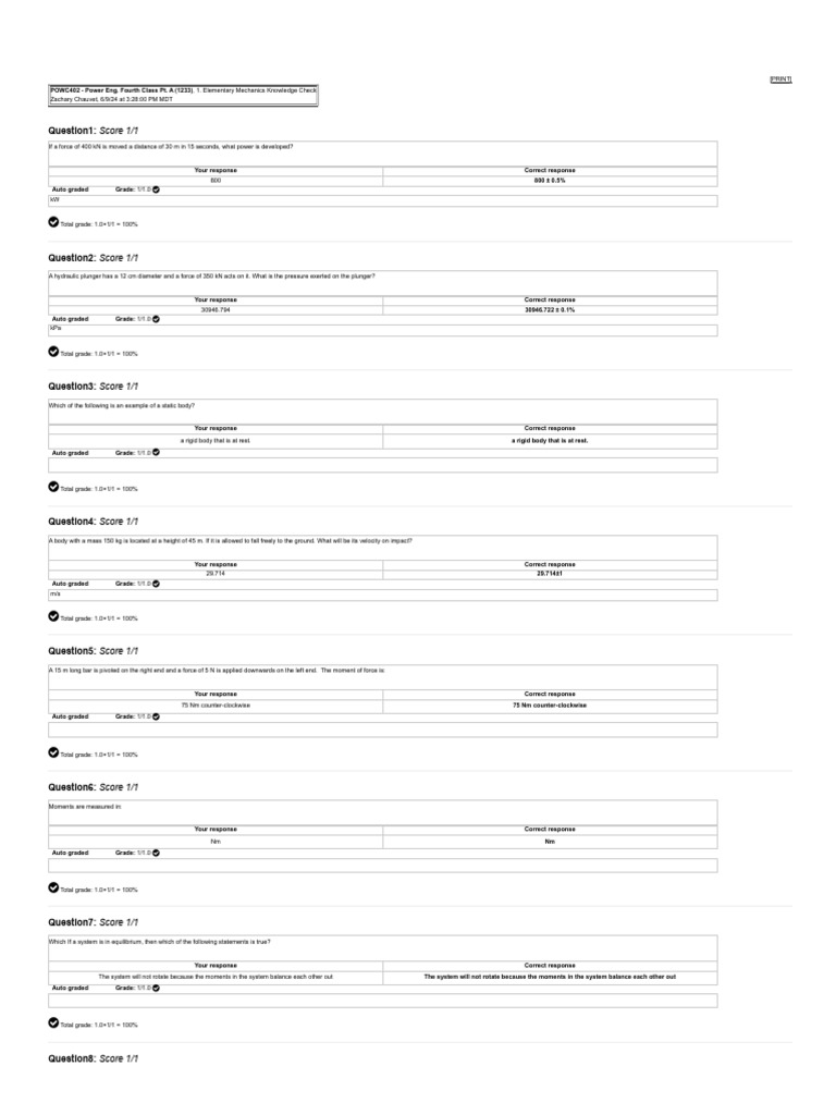 NAIT Part A, Unit 1, Elementary Mechanics Knowledge Check Results | PDF ...