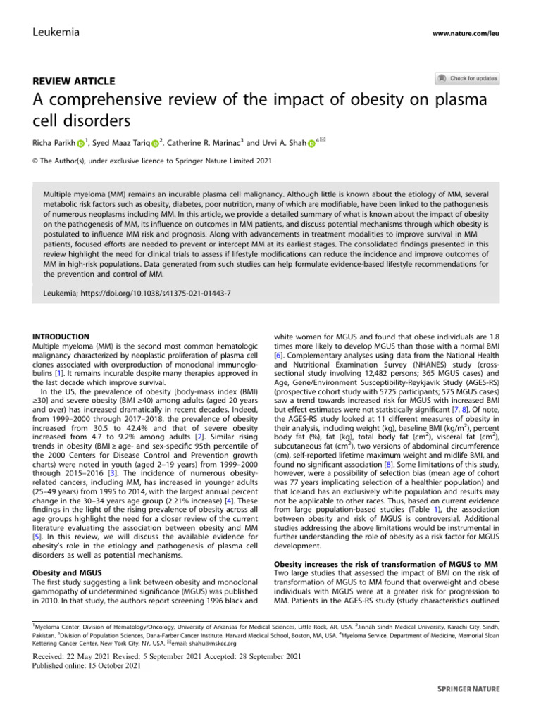 A Comprehensive Review of the Impact of Obesity on Plasma Cell A Comprehensive Review of the Impact of Obesity on Plasma Cell
