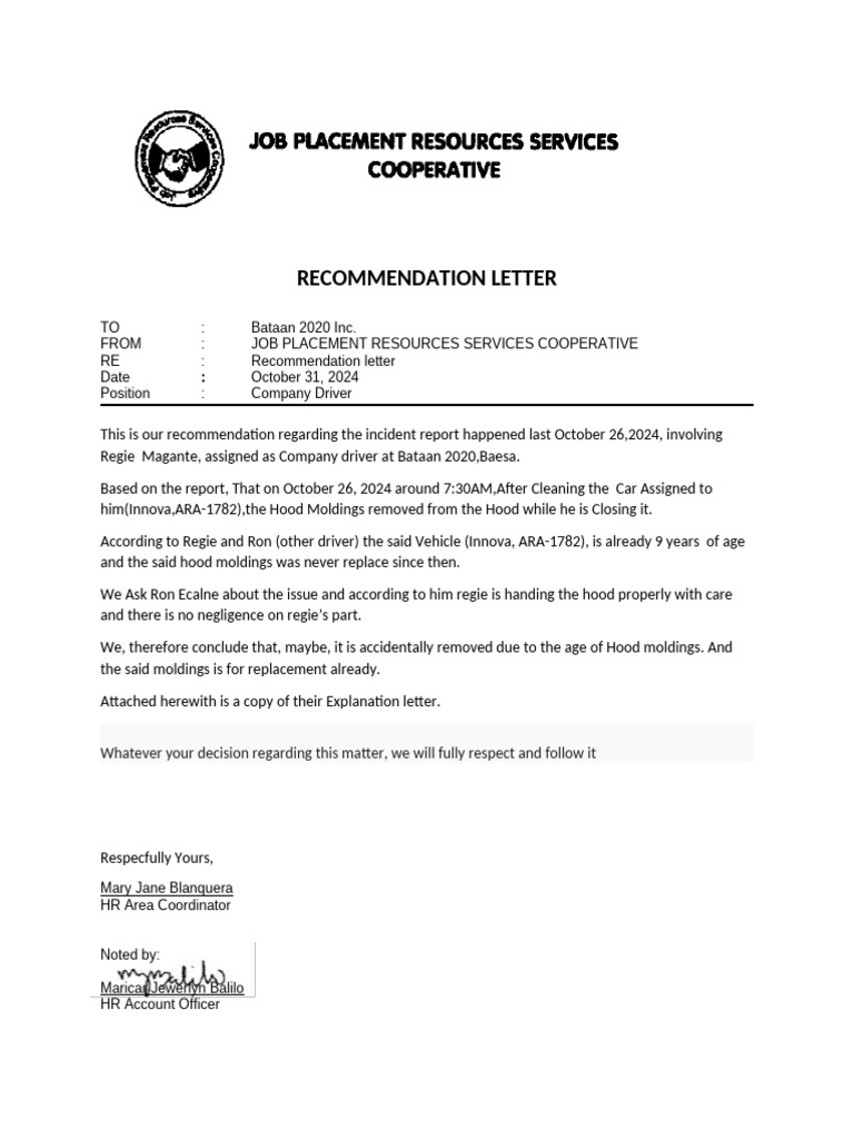 Company Driver Incident Recommendation Letter | PDF