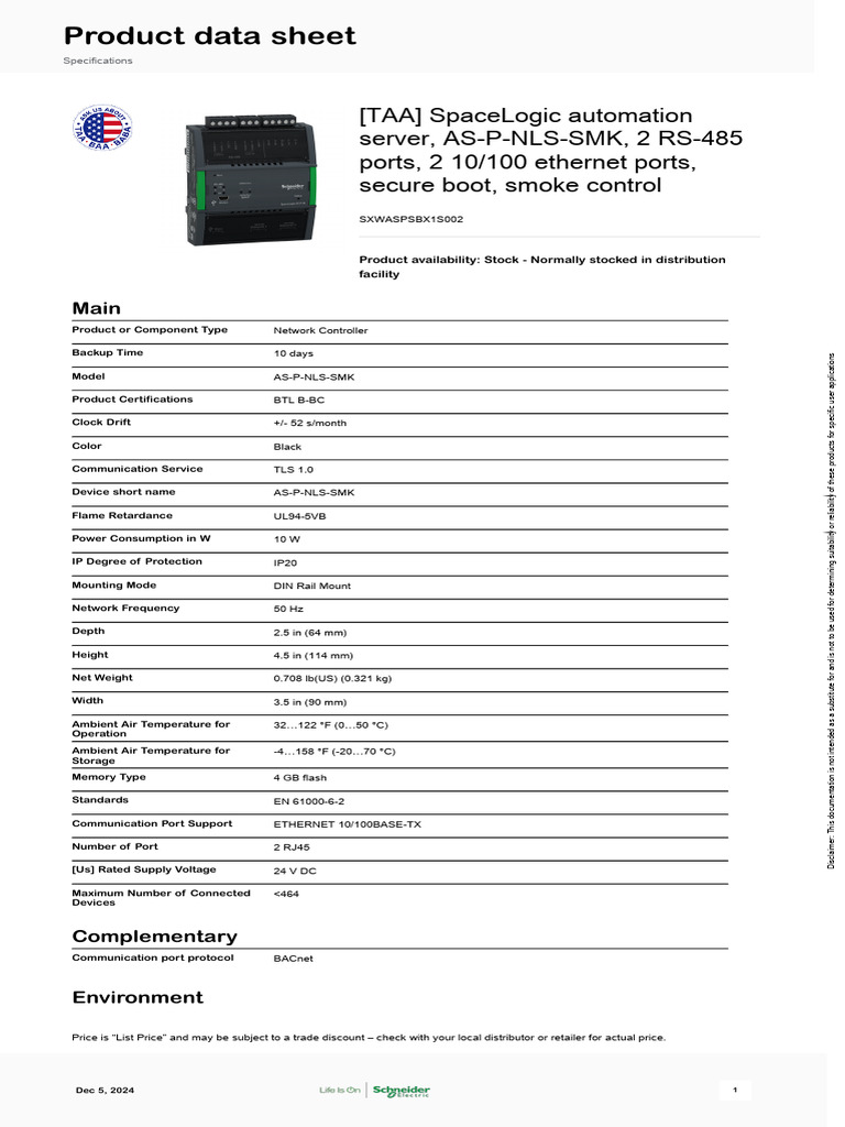 SpaceLogic AS-P-NLS-SMK Controller | PDF | Computer Networking | Computing
