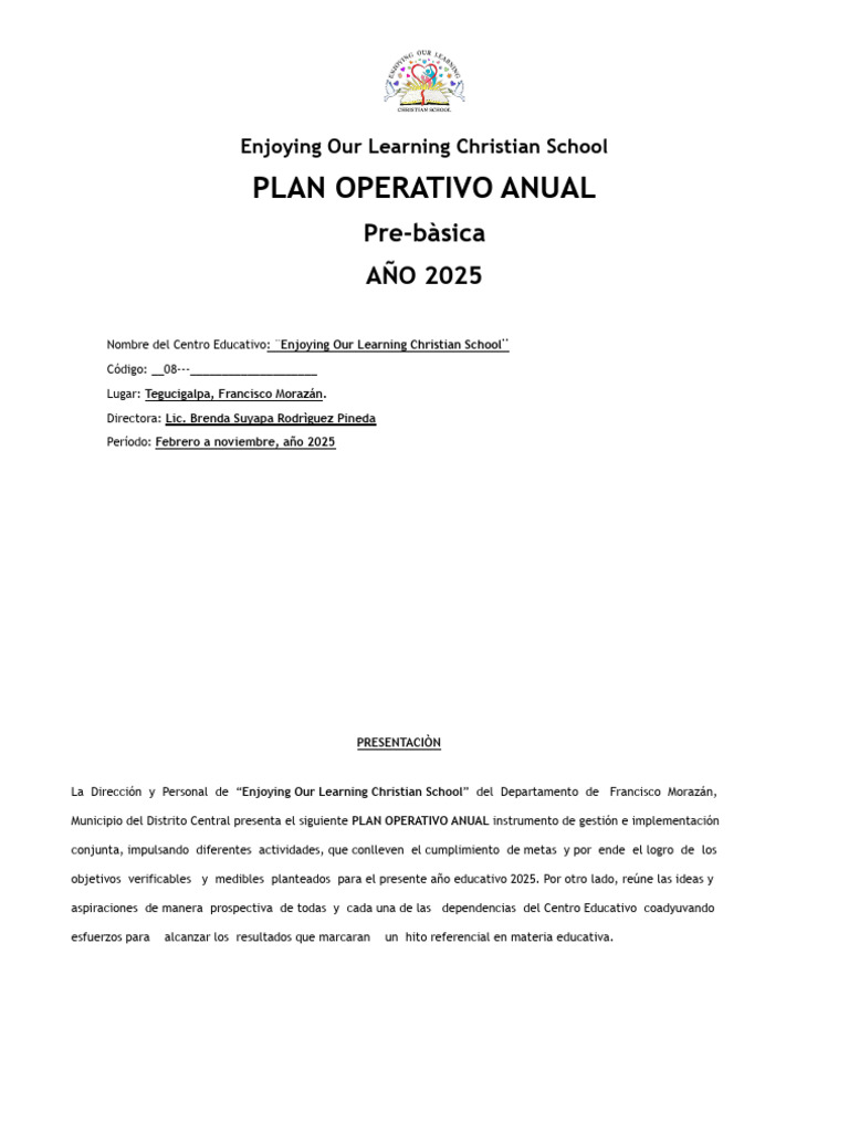 Plan Operativo Anual 2025 - Escuela Cristiana | PDF | Enseñando | Pedagogía