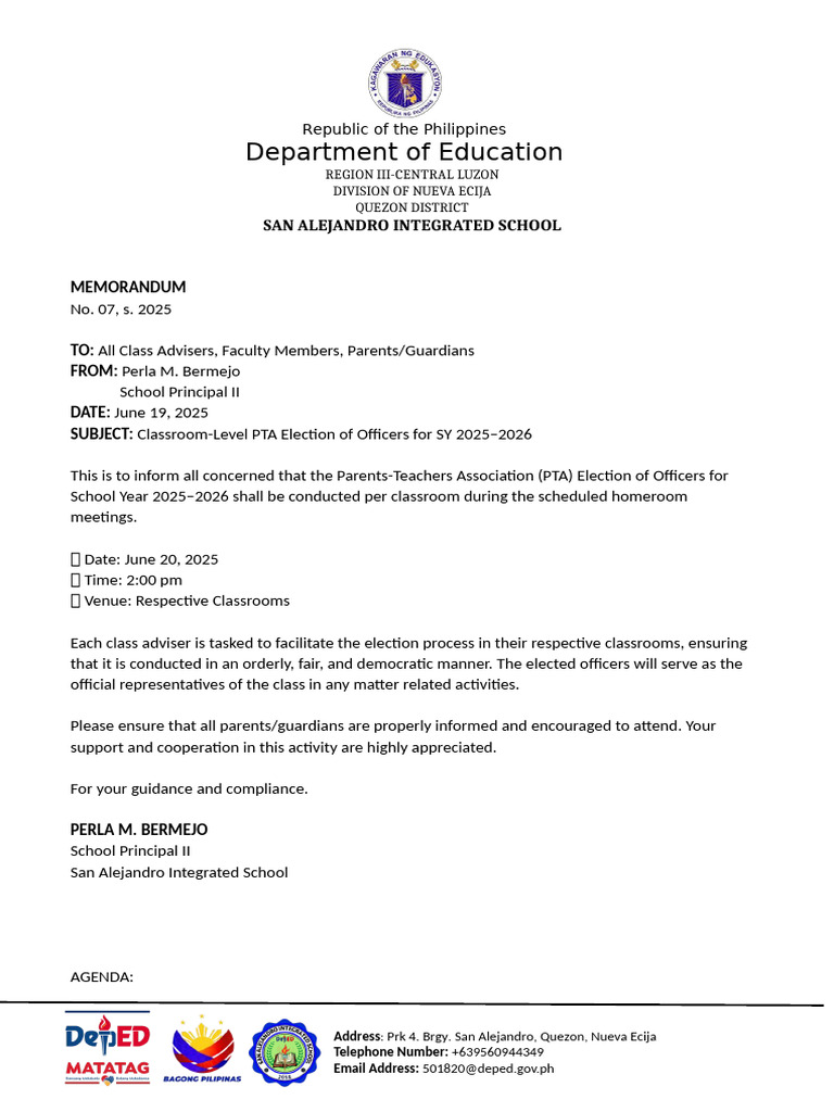 PTA Election Memo for SY 2025-2026 | PDF | Learning