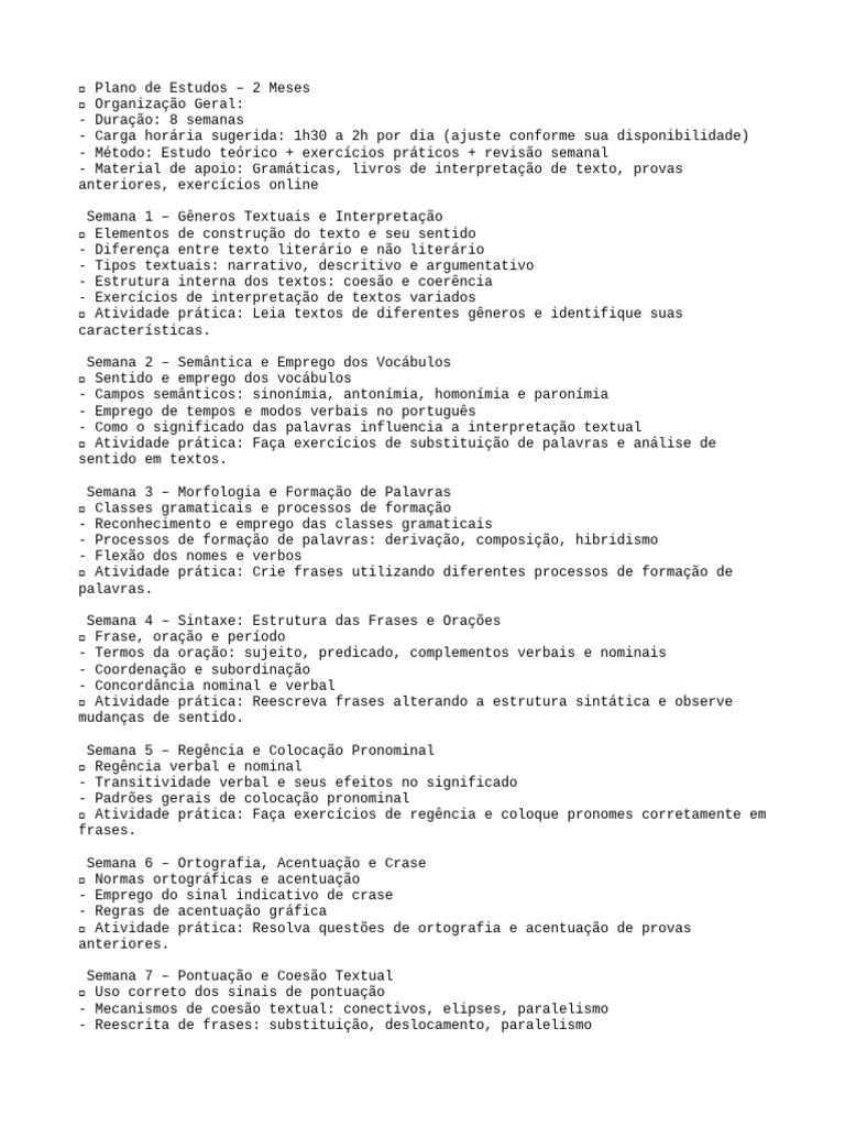 Plano de Estudos de Português em 8 Semanas | PDF | Palavra | Revisão