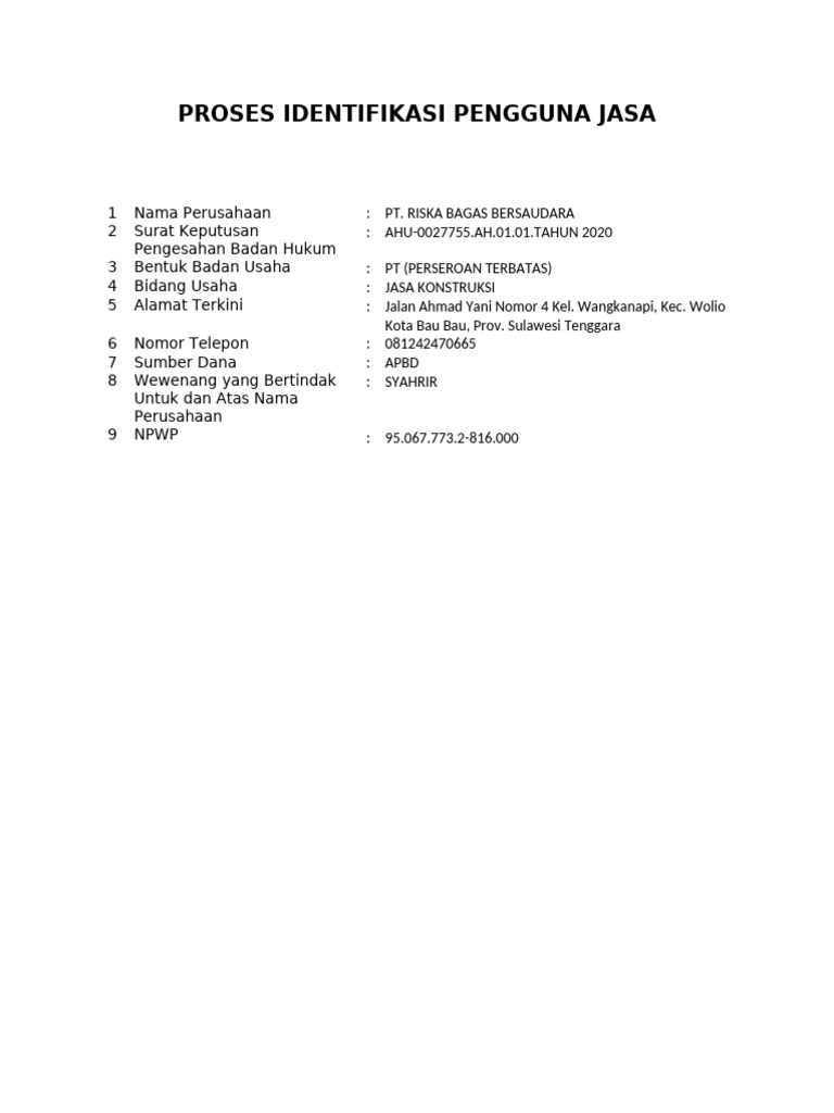 Proses Identifikasi Pengguna Jasa Pt. Riska Bagas Bersaudara | PDF