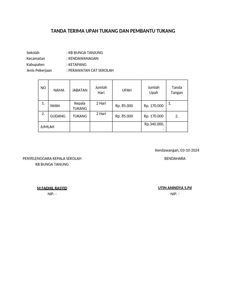 Tanda Terima Upah Tukang Dan Pembantu Tukang | PDF