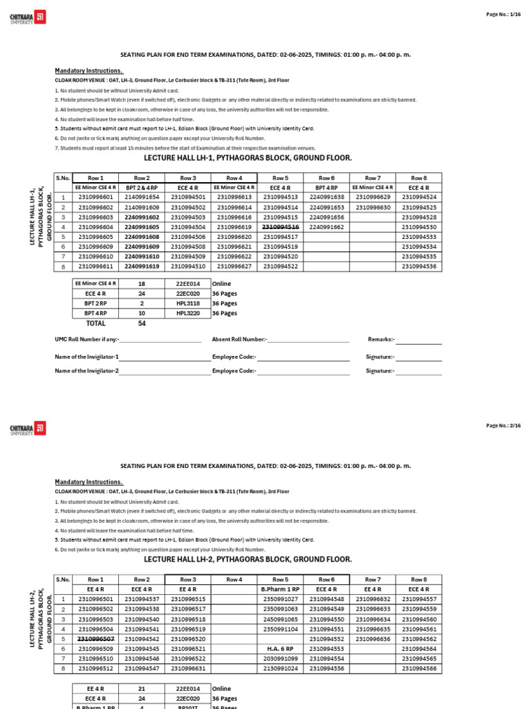 End Term Exam Instructions & Seating Plan | PDF