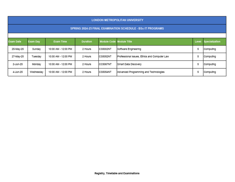Final Exam Schedule - BIT Year 2 | PDF