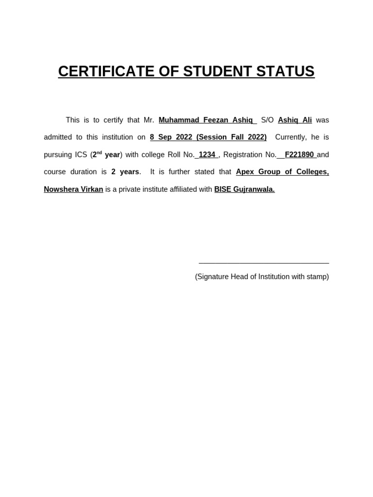 Certificate of Student Status for Muhammad Feezan | PDF