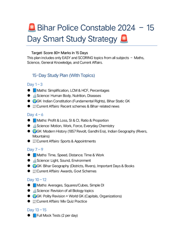 Bihar Police 15 Day Final Study Plan No Reasoning | PDF