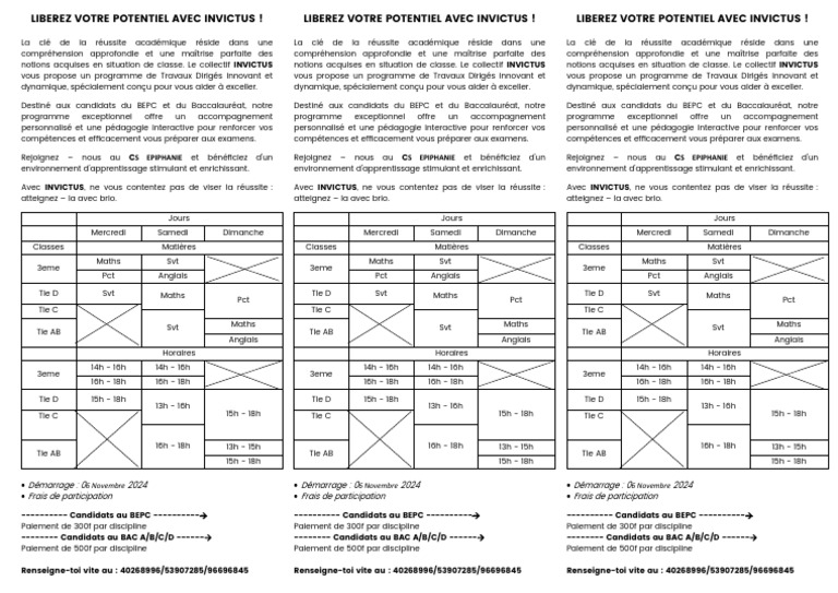 Programme INVICTUS pour BEPC et BAC | PDF | Pédagogie | Enseignement