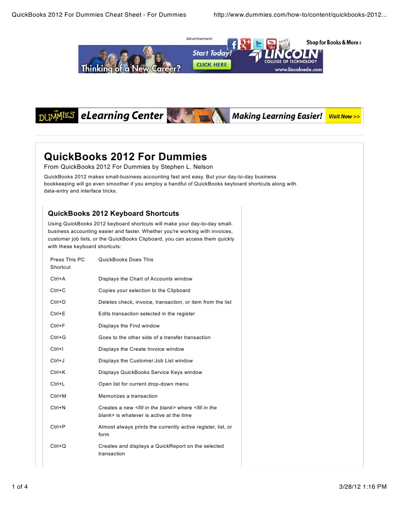 QuickBooks 2012 for Dummies Cheat Sheet For Dummies Keyboard