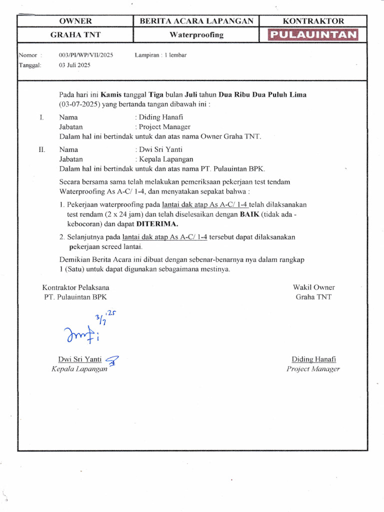 BA Test Rendam Waterproofing As A-C, 1-4 (03 Juli 2025) | PDF