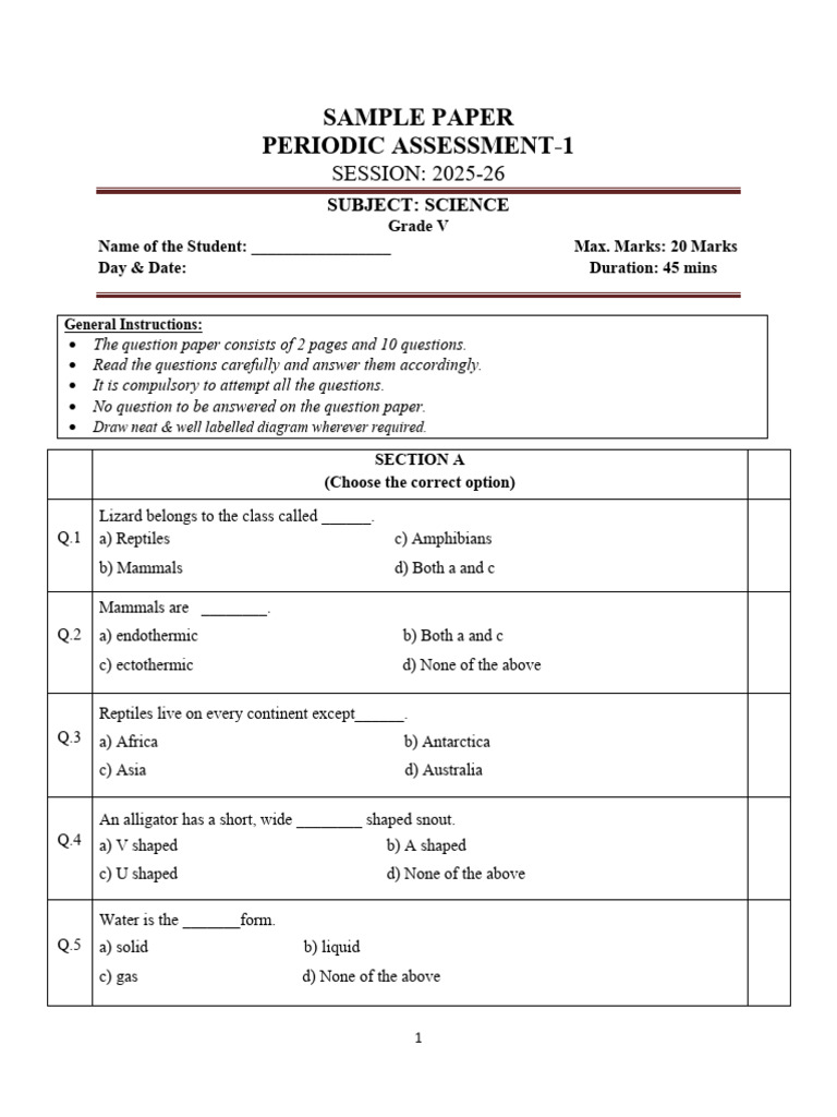 Grade V Science Sample Paper 2025-26 | PDF | Water | Reptile