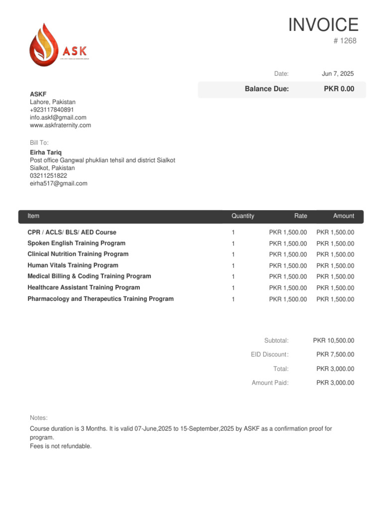Invoice for ASKF Training Programs | PDF
