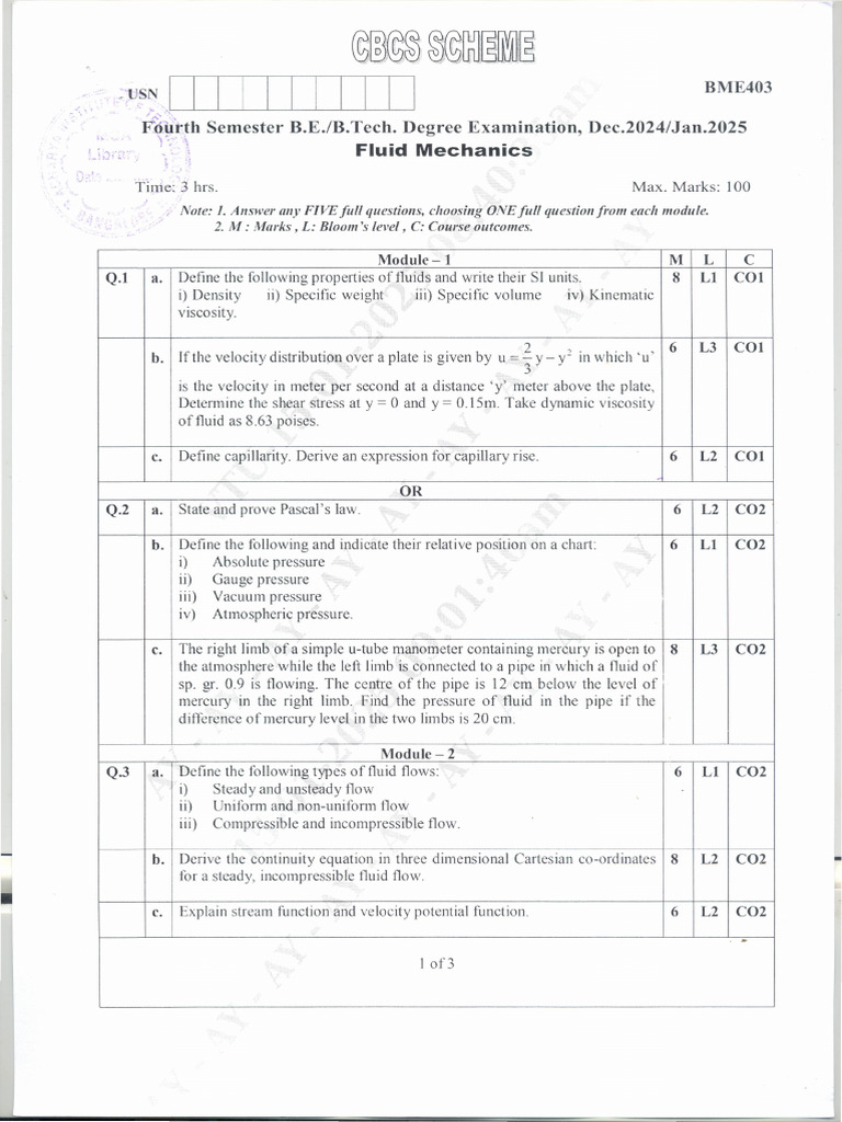 Fluid Mechanics BME403 | PDF | Fluid Dynamics | Pressure