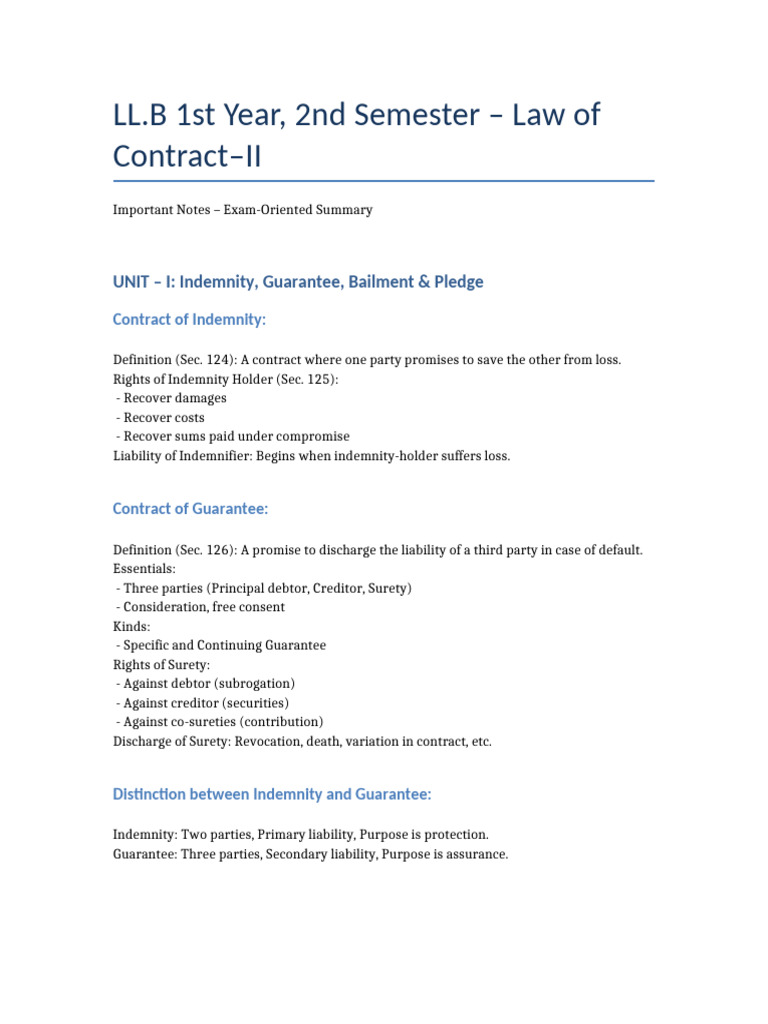 Contract Law II Exam Summary Notes | PDF | Guarantee | Law Of Obligations