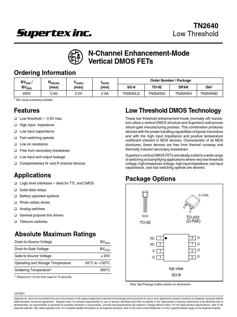 Low Threshold N-Channel MOSFET TN2640 | PDF | Mosfet | Field Effect ...