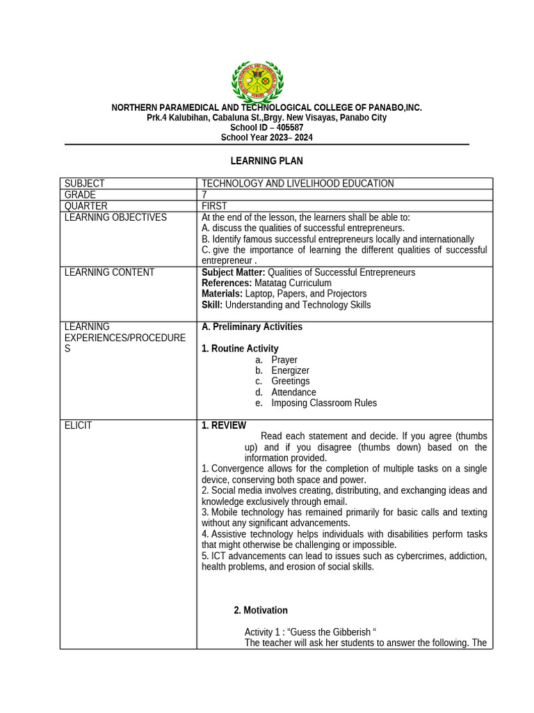 LEARNING PLAN - GRADE 7 (TLE) Demonstration | PDF | Learning ...