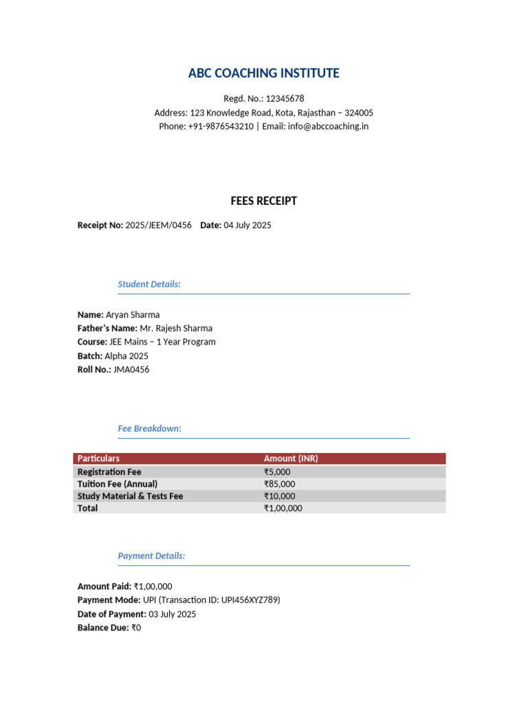 JEE Mains Coaching Fee Receipt | PDF