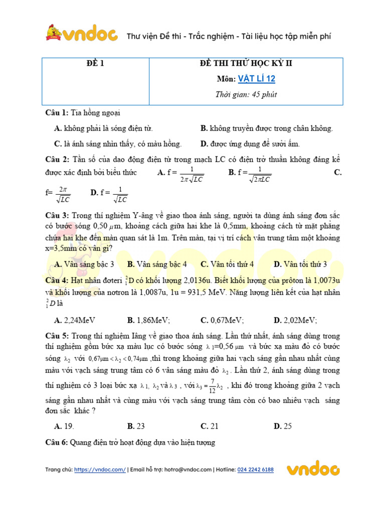 Bo de Thi Cuoi Hoc Ki 2 Vat Ly 12 Nam 2021 Co Dap An | PDF