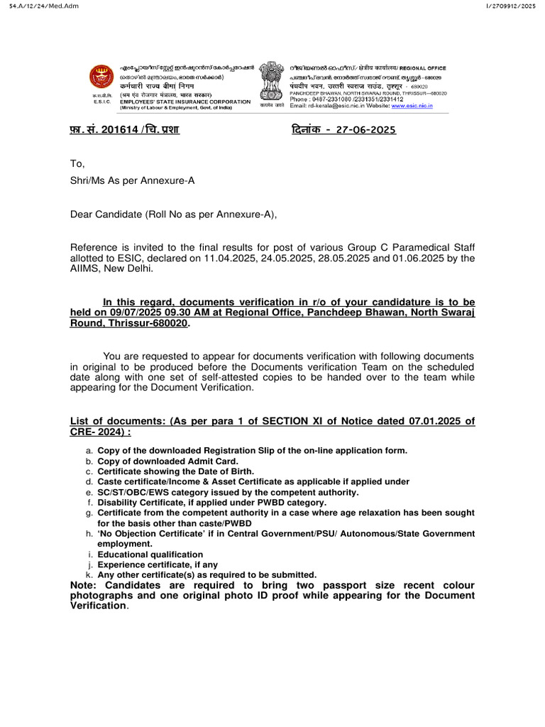 Document Verification Notice for ESIC Candidates | PDF