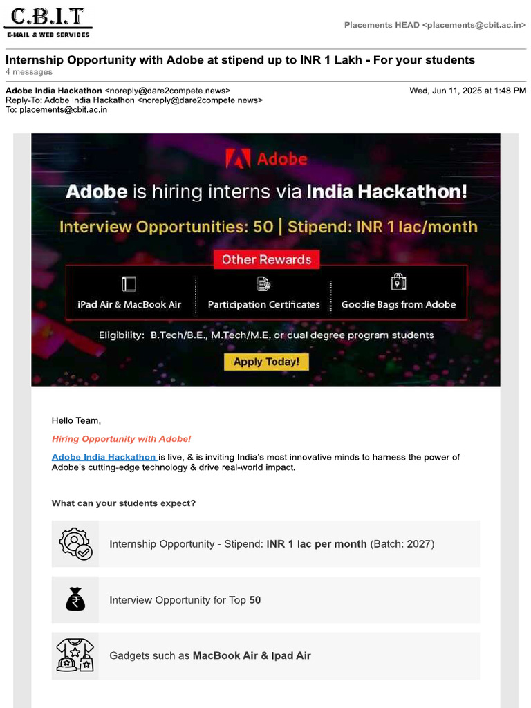 Internship Opportunity With Adobe at Stipend Up To INR 1 Lakh - For ...