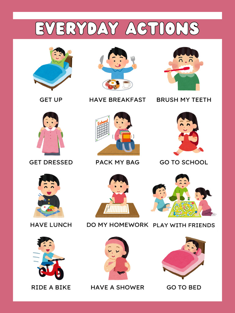 Daily Routine Picture Dictionary Worksheet in Pink Cute Style | PDF