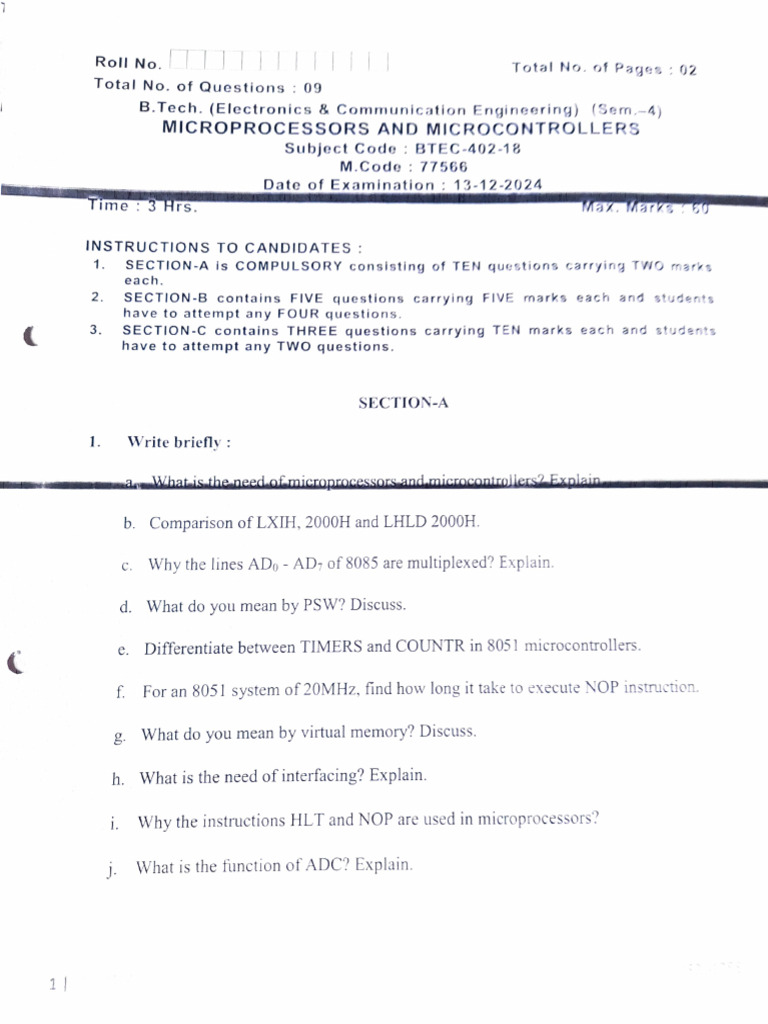 Btech Sem 4 Btec 402 18 Microprocessor and Microcontrollers | PDF ...