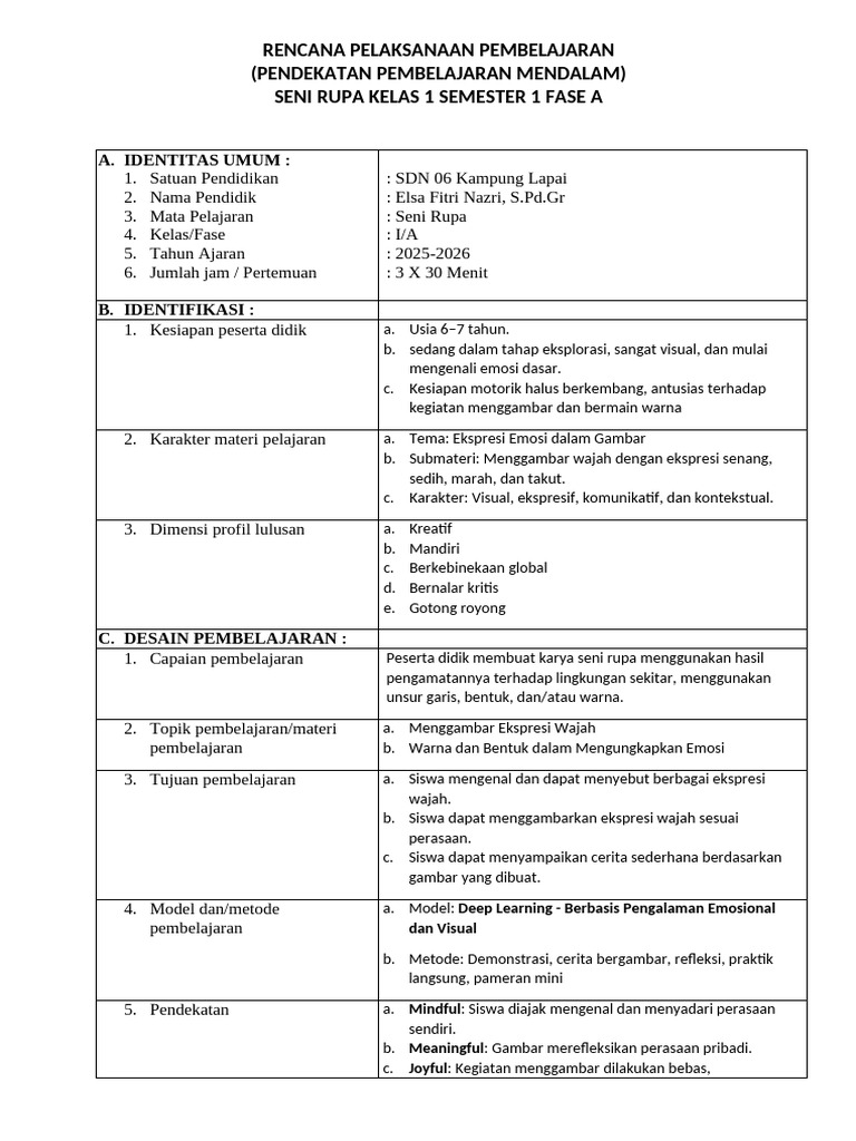 RPP Pembelajaran Mendalam Seni Rupa Kelas 1 | PDF