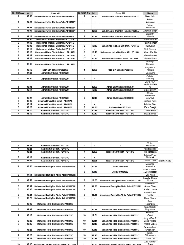 Bus Schedule and Driver Details | PDF