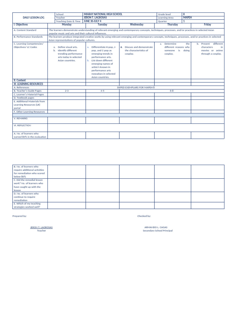 MAPEH Daily Lesson Log for Grade 8 | PDF | Teachers | Human Communication