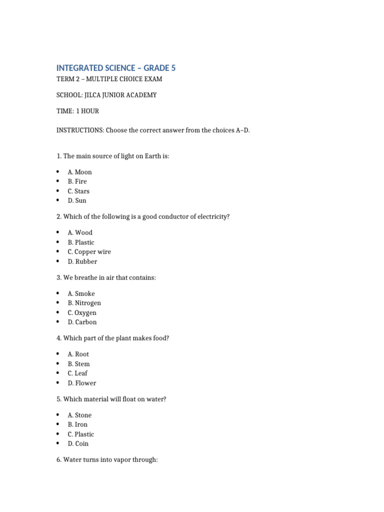 Grade 5 Integrated Science Exam | PDF | Water | Foods