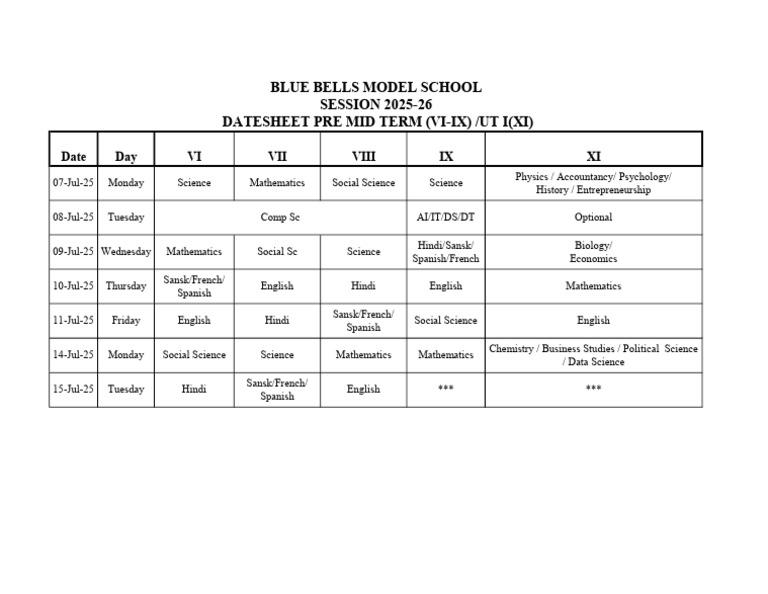 Blue Bells School Pre Mid Term Datesheet | PDF