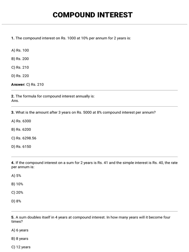 Compound Interest Questions and Answers | PDF | Compound Interest ...