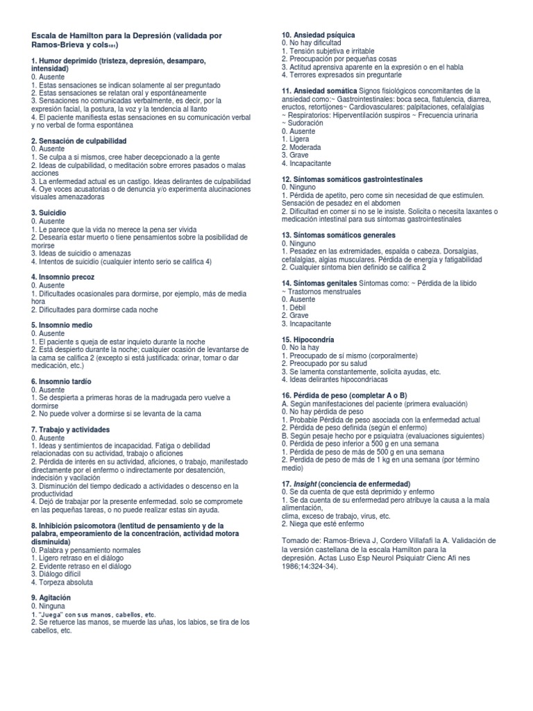 Escala de Hamilton para la Depresión Depresión (estado de ánimo) Ansiedad