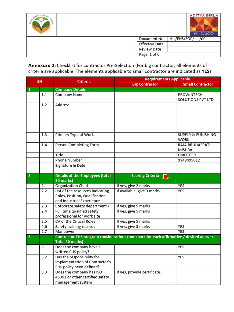 Contractor Pre-Selection Checklist | PDF | Safety | Business