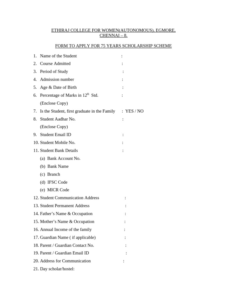 75 Years Scholarship Application Form | PDF
