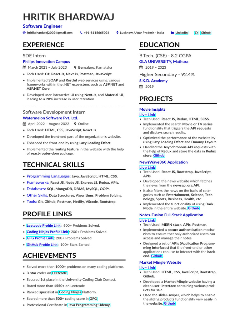 Software Engineer Hritik Bhardwaj Resume | PDF | Java Script | Databases