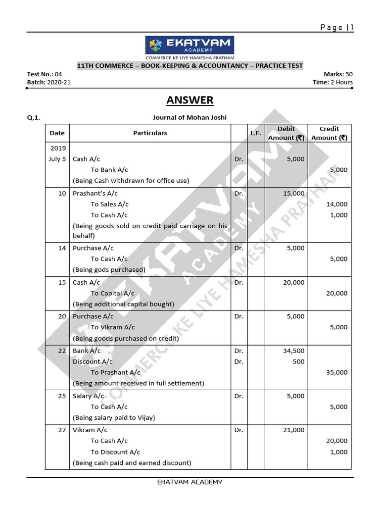11th Commerce Bookkeeping Practice Test | PDF | Debits And Credits ...