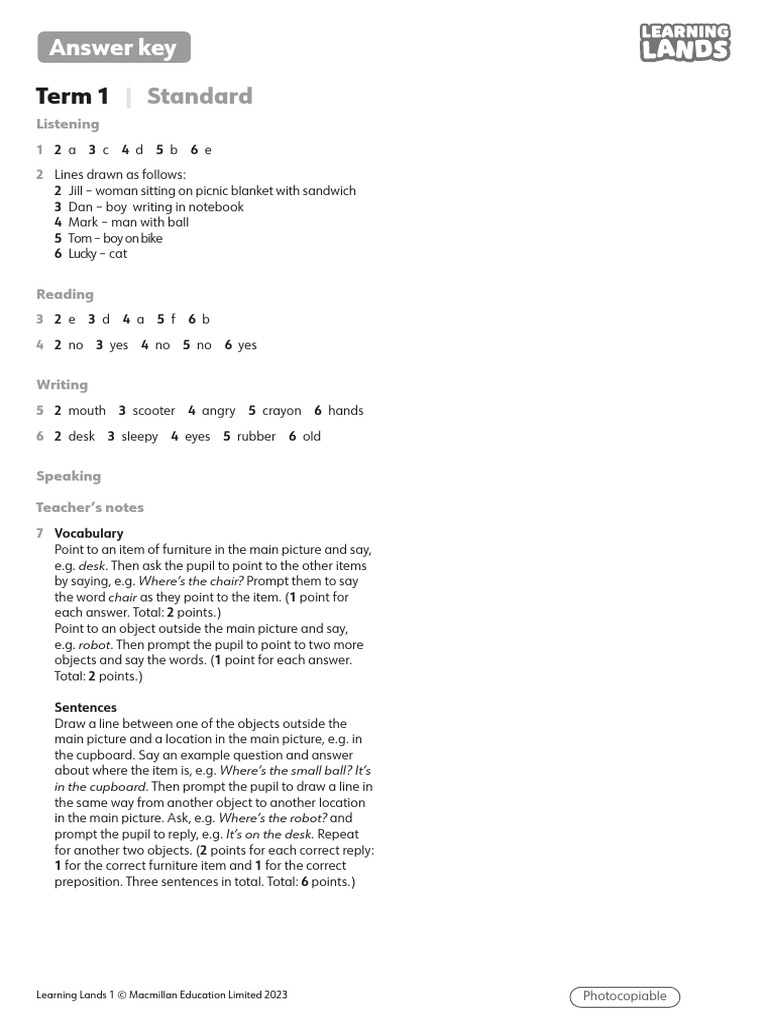 Learning Lands 1 End of Term 1 Test Answer Key | PDF | Cognitive ...