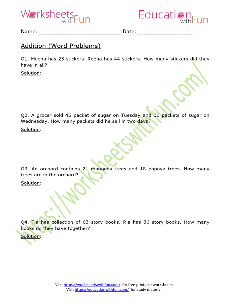 Addition - Word Problems Worksheet 4 | PDF