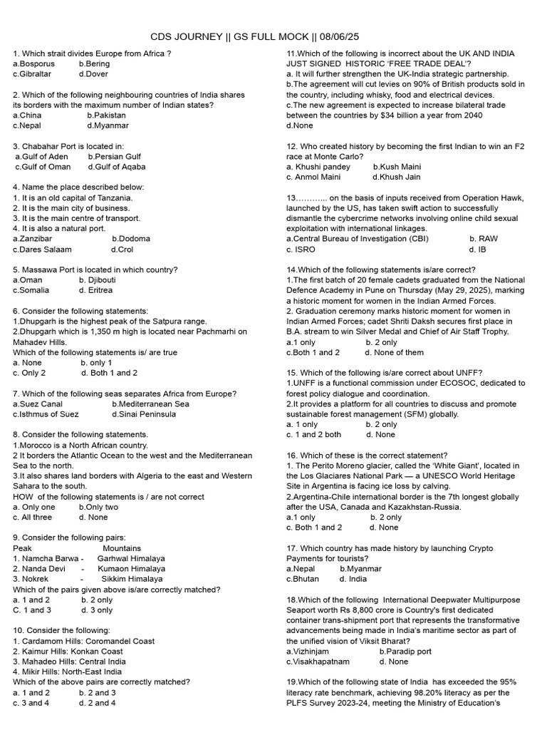 CDS Full Mock Exam Questions 2025 | PDF | Earthquakes | Physical Geography