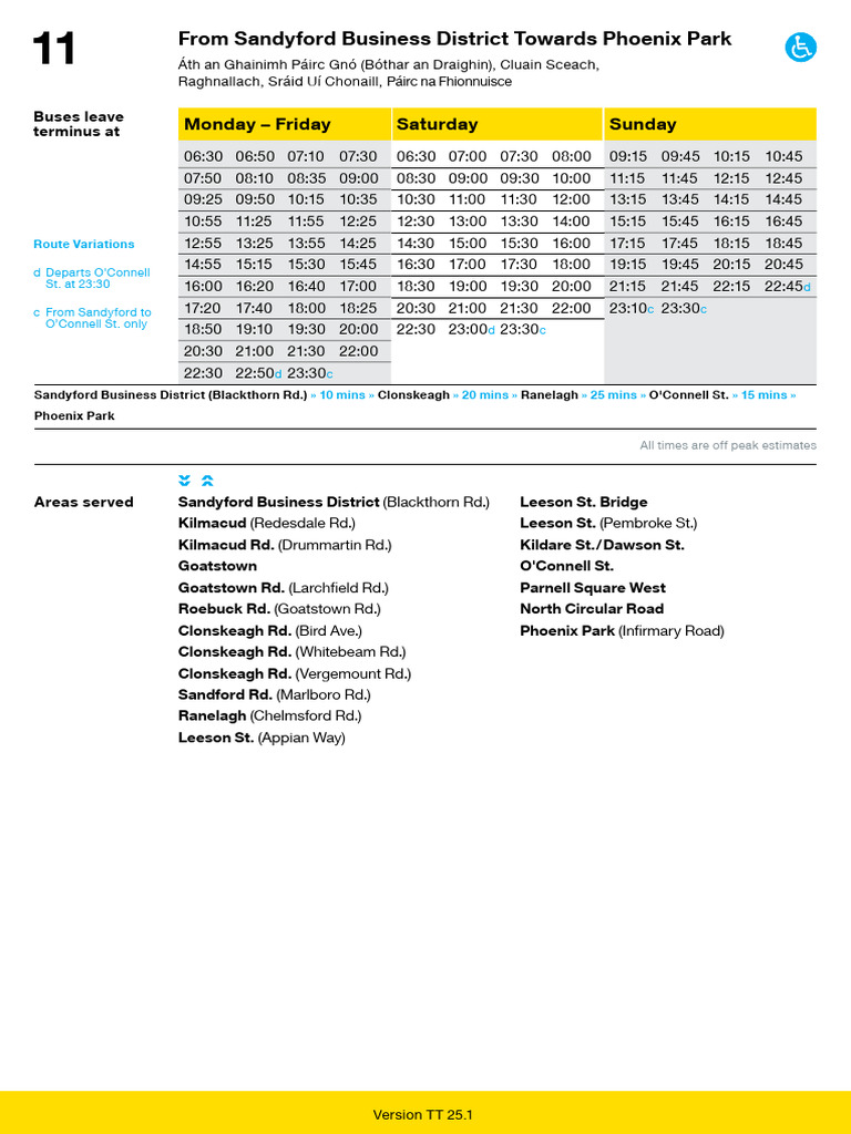 Dublin Bus 11 Timetable Route Details PDF