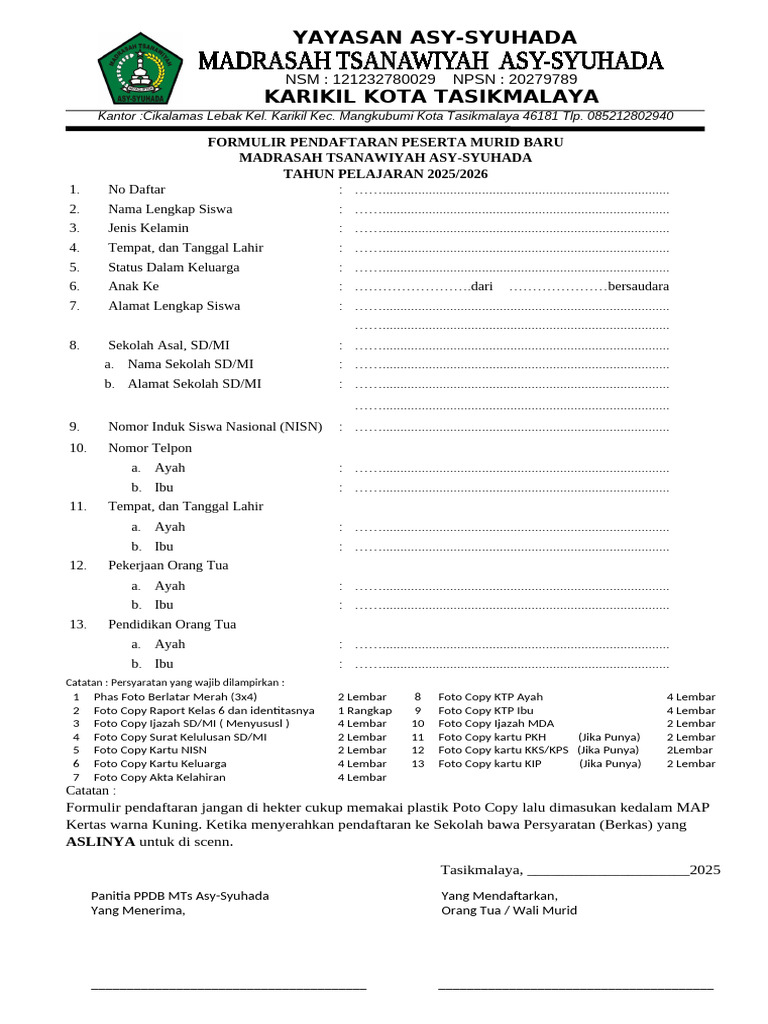 Formulir Pendaftaran Siswa Baru MTs | PDF