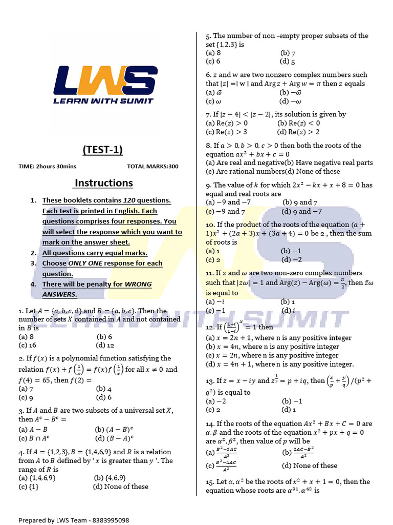 120-Question Math Test Instructions | PDF | Algebra | Mathematics