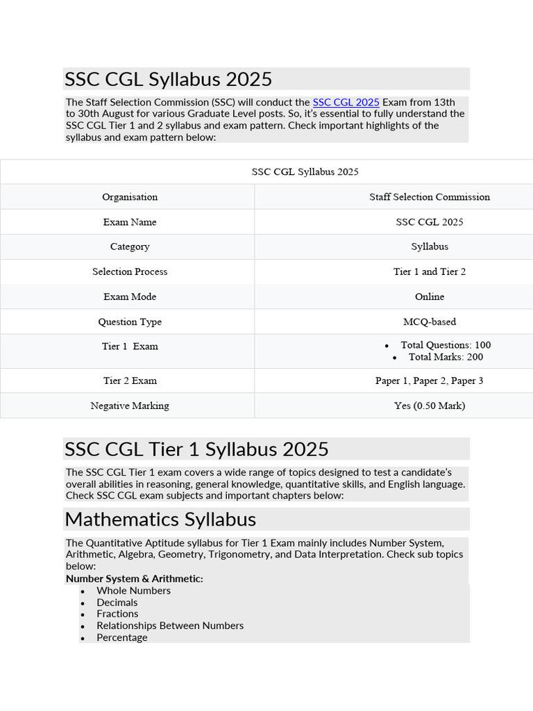 SSC CGL 2025 Tier 1 Syllabus Overview | PDF | Circle | Trigonometry