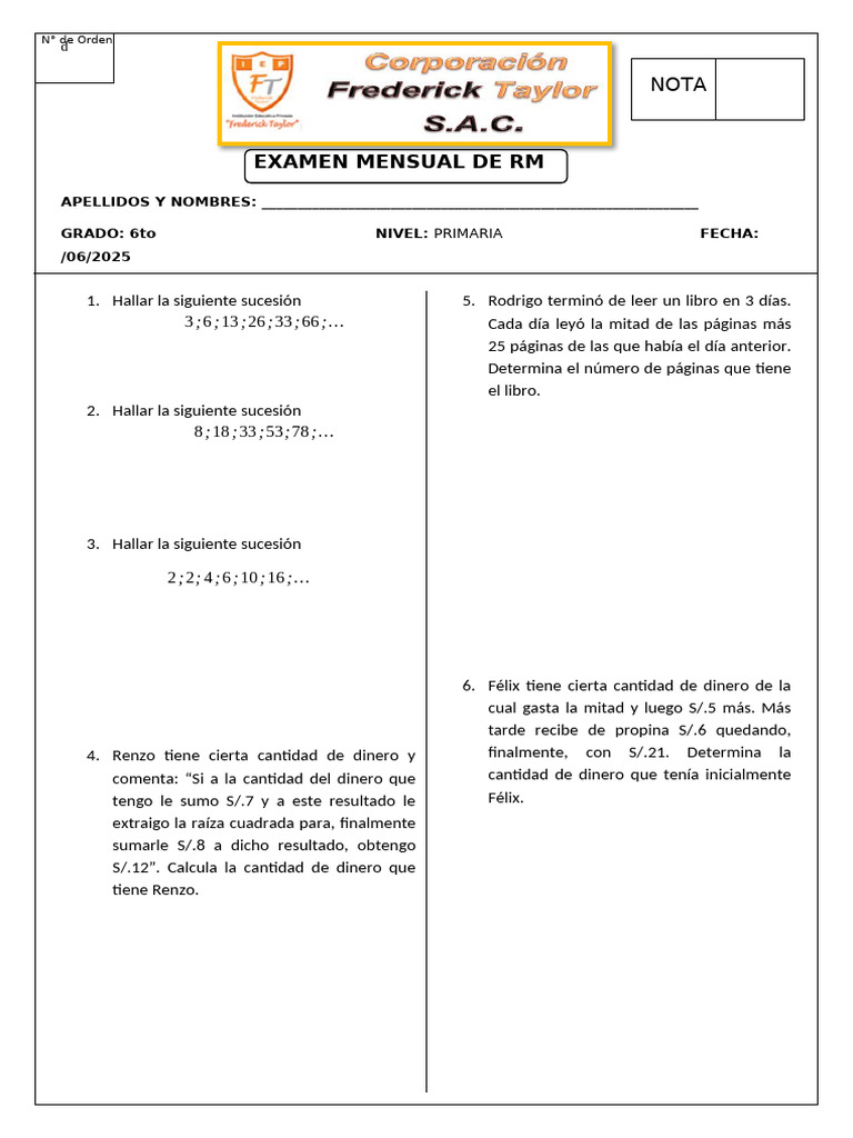 Ejercicios de Matemáticas para 6to Grado | PDF